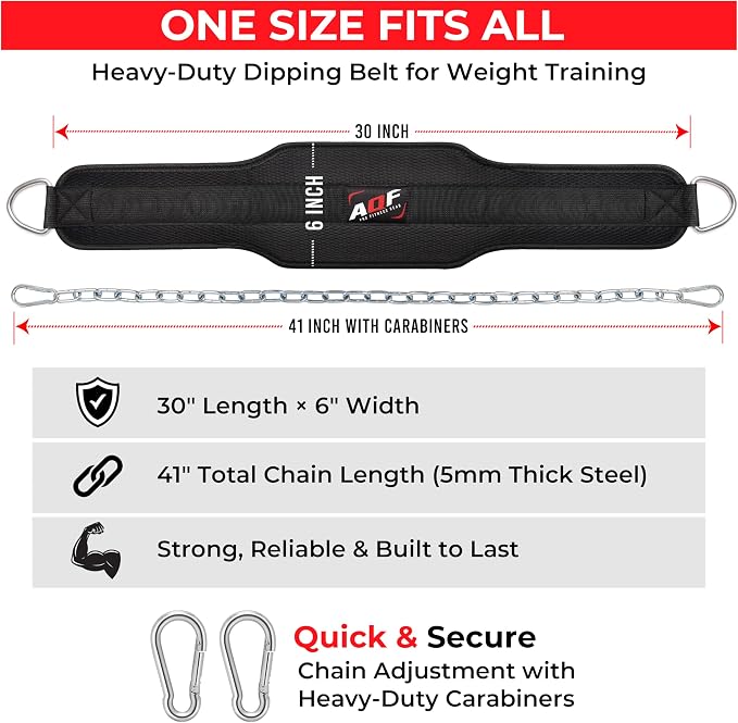 AQF Dip Belt with 36" Steel Chain - Neoprene Padded Back Support Belt | Secure Carabiners for Weighted Pull ups, Dips, Gym, Powerlifting, Bodybuilding, Squat & Fitness