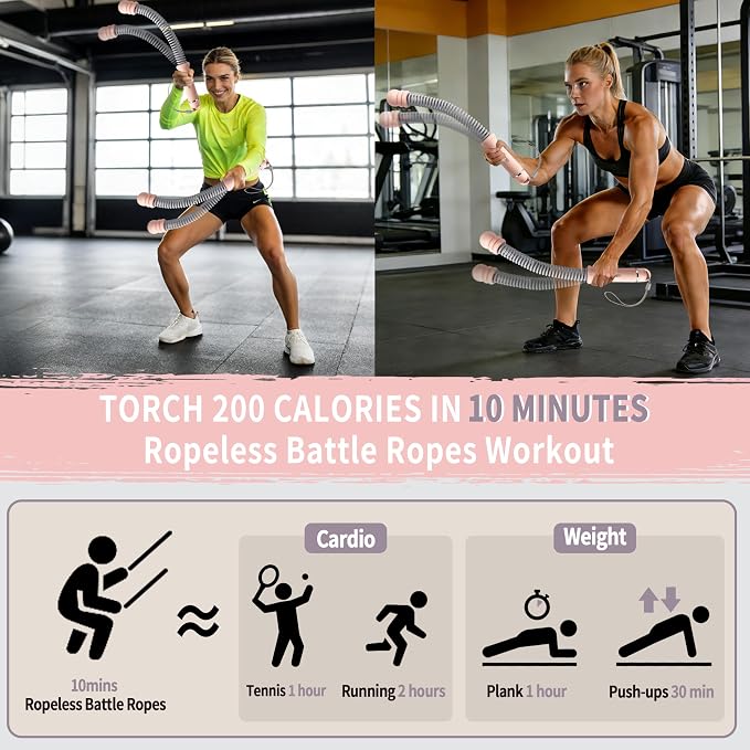 WIitsparklle Portable Adjustable Ropeless Battle Ropes with Pink | Weighted Cordless Workout Rope with Anti-slip Handles for Low-impact Cardio, HIIT, Home Gym and Office Fitness