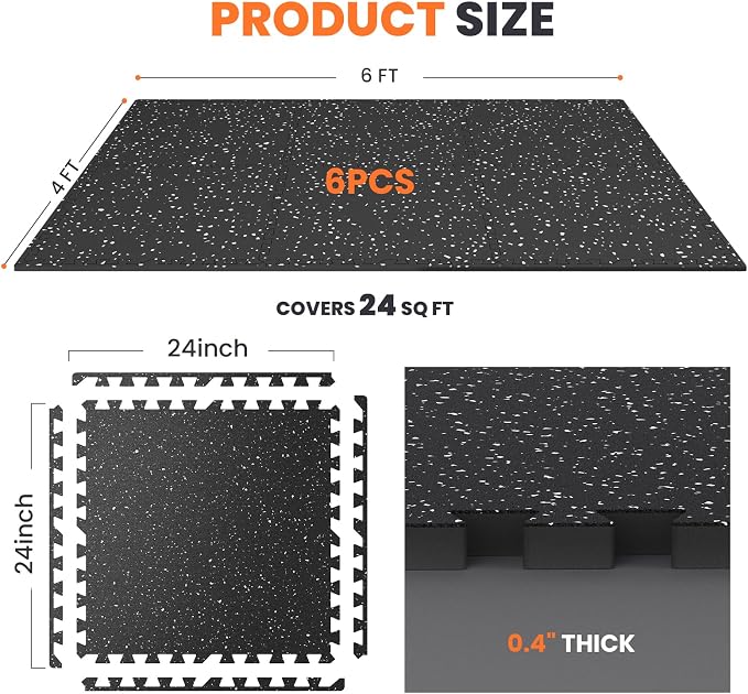 0.4'' Thick 6 Pcs 24 Sq Ft Non-Slip Rubber Top Exercise Equipment Mats, High Density EVA Foam Mats with Rubber Top, Interlocking Puzzle Gym Flooring for Home Gym, Workout Floor Mats, Black