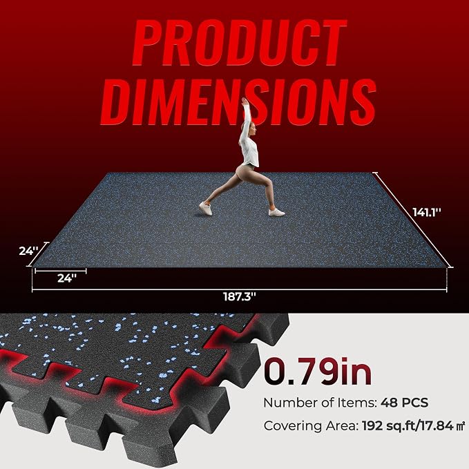 SUPERJARE 0.79'' Extra-Thick Exercise Equipment Mats, 48 Pcs 192 Sq Ft Rubber Top Floor Tiles with High Density EVA Foam, Interlocking Gym Flooring for Home Gym, Workout Mat, Black/Blue