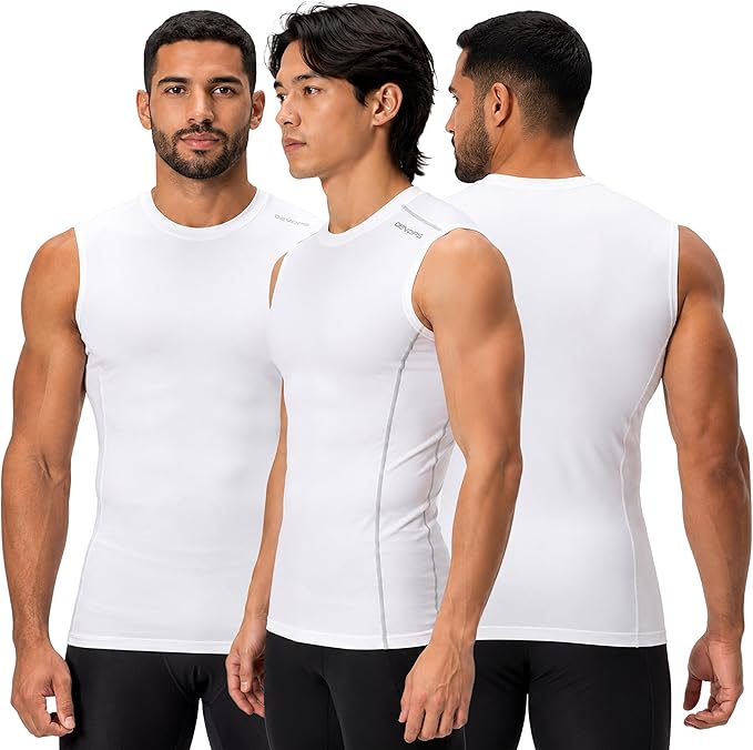 DEVOPS 3 Pack Men's Compression Shirts Sleeveless Tank Top Baselayer | Gym Training, Running, Moisture Wicking, Compression Fit, 4-Way Stretch, UPF 50+, Sleeveless