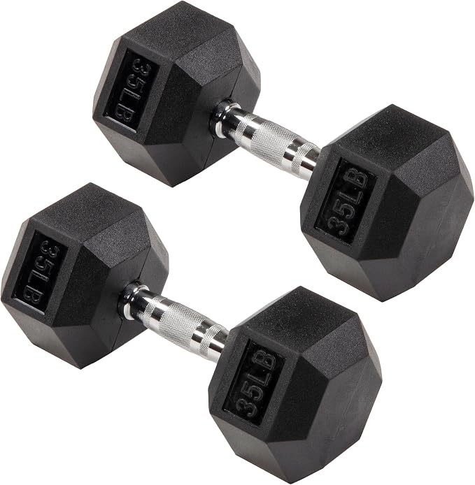 Signature Fitness Rubber Coated Hex Dumbbells Hand Weights for Exercises and Fitness Home Gym, 5-50 lbs, Pairs