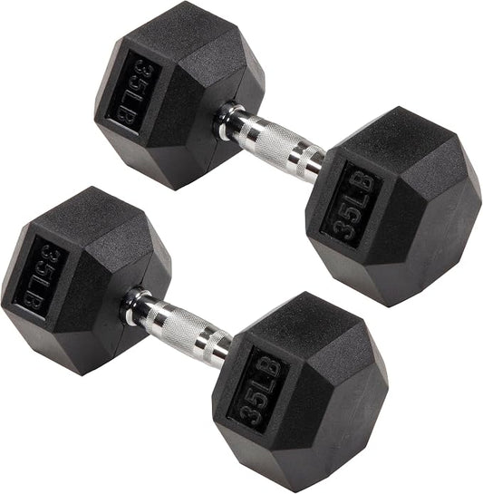 Signature Fitness Rubber Coated Hex Dumbbells Hand Weights for Exercises and Fitness Home Gym, 5-50 lbs, Pairs