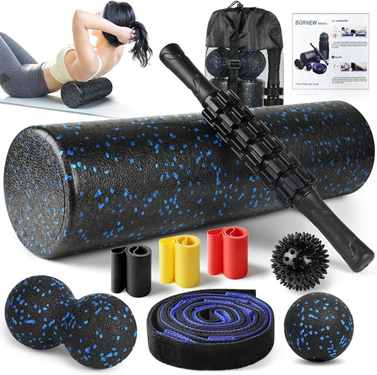 7 in1 Foam Roller Set for Deep Tissue Muscle Massager - High Density Back Roller, Muscle Roller Stick, Resistance Bands, Foot Massage Ball, Stretching Strap for Exercise, Whole Body Physical Therapy