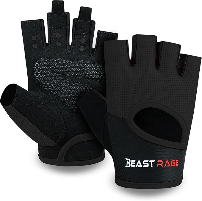 BEAST RAGE Workout Gloves for Men & Women - Fingerless Gym Gloves with Palm Protection, Breathable & Lightweight for Weightlifting, Cycling & Pull Up