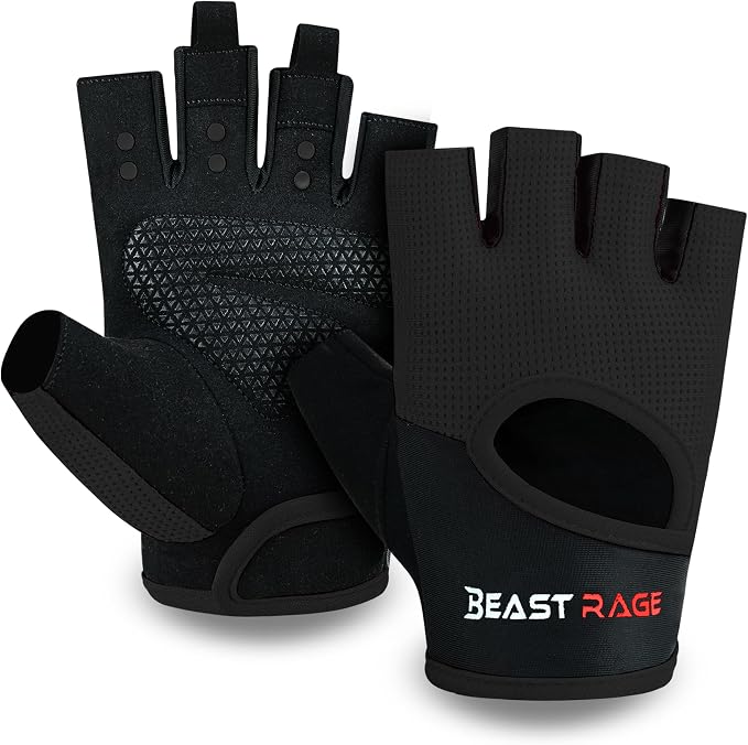 BEAST RAGE Workout Gloves for Men & Women - Fingerless Gym Gloves with Palm Protection, Breathable & Lightweight for Weightlifting, Cycling & Pull Up