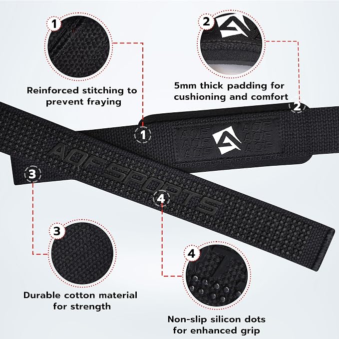 AQF Weight Lifting Straps, Padded Cotton Gym Wrist Straps for Deadlifts | 23" Extra-Long, Heavy-Duty Webbing, 5mm Neoprene Cushioning, Open-Loop Design, Sold as Pair, Ideal for Rows & Pull Workout