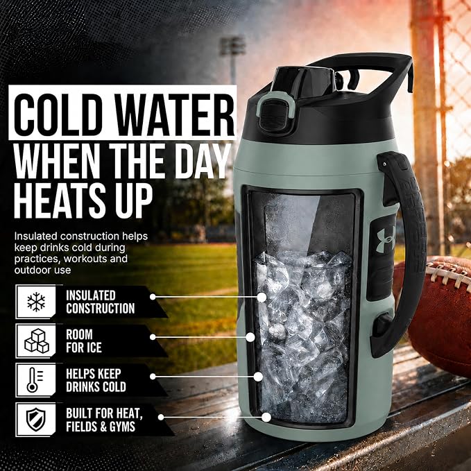 Under Armour Insulated Water Bottle with Handle & Fence Hook, Half Gallon Sports Water Jug, Leak-Resistant & BPA-Free for Baseball, Football & Gym - Silica Green/Silica Green, 64oz