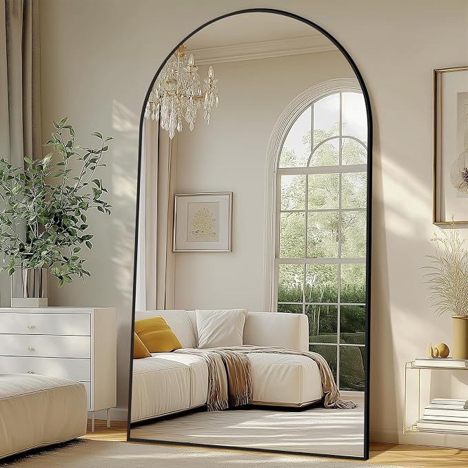 MirrMuse Oversized Arched Full Length Mirror with Stand, 82"X44", Black | Tempered Glass, Free Standing, for Bedroom Living Room Clothing Store Gym, Aluminum Alloy Frame, Hanging or Leaning