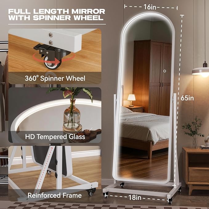 65"x18" Arched Full Length Rolling Mirror, LED & Swivel | Tempered glass, 3-color dimmable LED brightness, tilt & lockable wheels, ideal for bedroom, dressing room, home gym