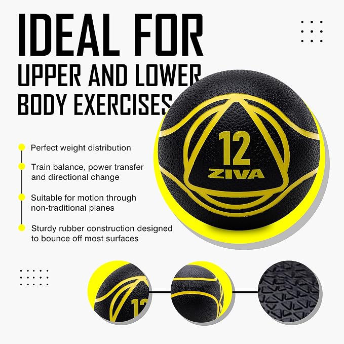 ZIVA Medicine Ball – Durable Rubber Weighted Ball with Easy-Grip Textured Shell for Core, Balance and Strength Training – Commercial Quality (Black, 4–20 lb)