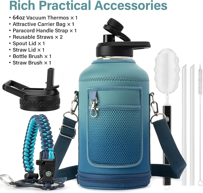 DYSANKY Insulated Water Bottle | Thickened Stainless Steel Vacuum Metal | Portable Sports Half Gallon Large Water Jug for Gym and Hiking with Straw, Carrier Bag, Handle Strap | BPA-Free 64 oz
