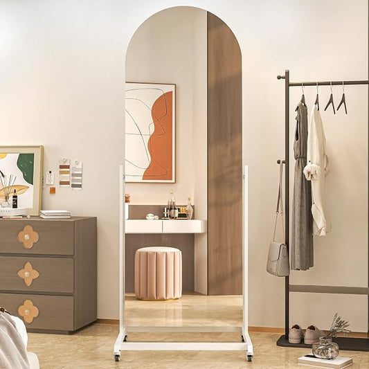 65"x24" Arched Full Length Rolling Mirror on Wheels for Gym, 360° Rotate | Tempered glass, sturdy metal frame, floor standing with lockable wheels, ideal for bedroom, dressing room & dance studio.