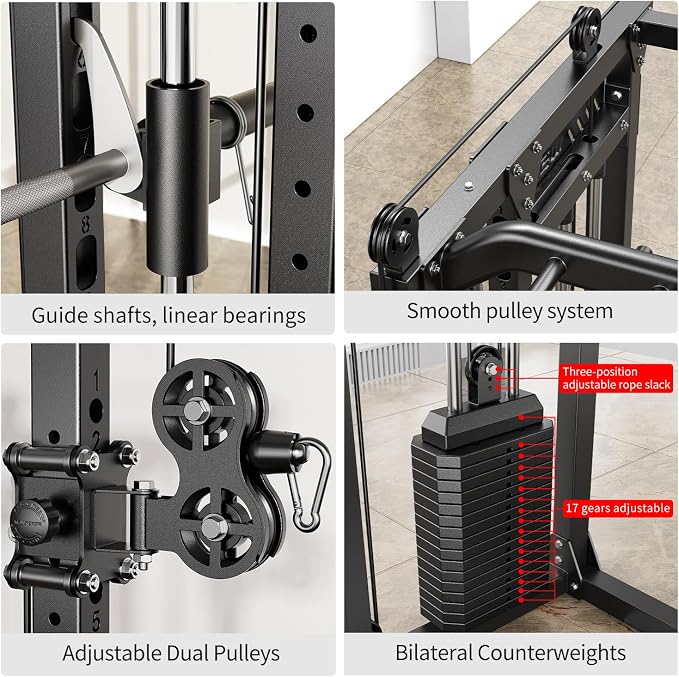 XGSW Smith Machine with Weight Stack, Multi-Function Squat Rack Power Cage with Cable Crossover System, for Home Gym
