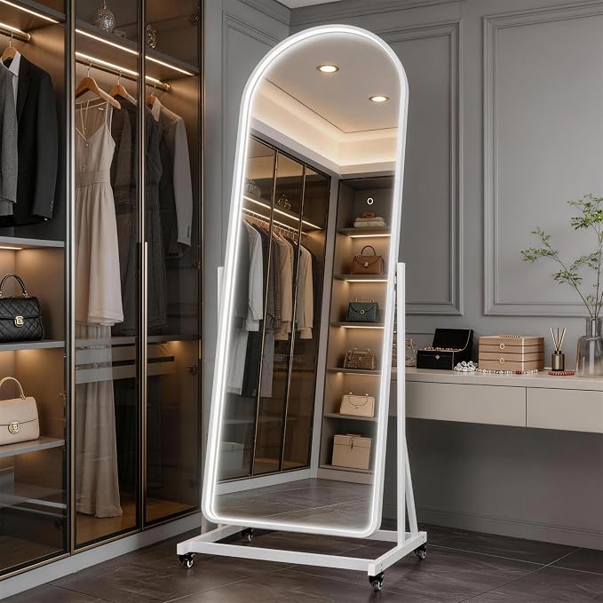 71"x24" Arched LED Full Length Rolling Mirror on Wheels, Tilting Swivel Floor Mirror with Lights, 3 Color Temperatures & Adjustable Brightness for Bedroom, Dressing Room, Home Gym, Home Decor