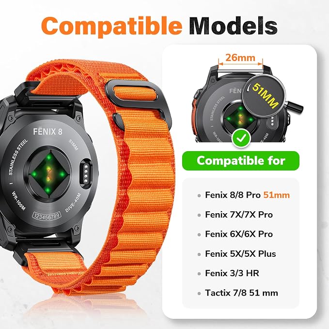 Alpine Loop Nylon Watch Band Compatible with Garmin Fenix 5X / 6X / 7X / 8 51mm, Quickfit 26mm Rugged Watch Bands for Garmin Fenix 8 Pro 51mm / 7X Pro / 6X Pro / 5X Plus, for Fenix 3, Tactix Delta