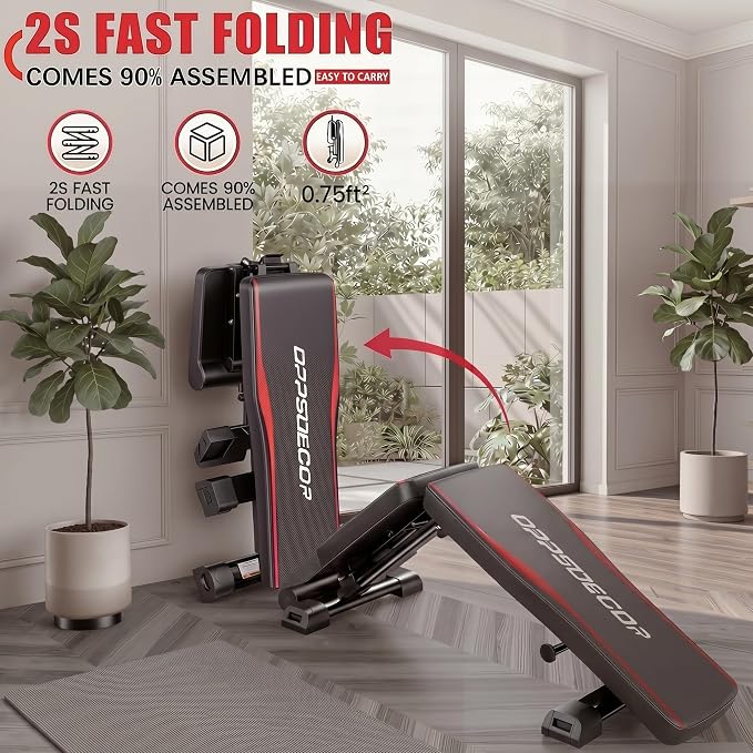 OPPSDECOR Adjustable Weight Bench, 900LBS Foldable Workout Bench | 8+4+2 Positions, 18.5in Seat Height, 20in Rear Base, Folds to 33x8x12in, Flat Incline Decline Bench Press, Under 1-Min Setup