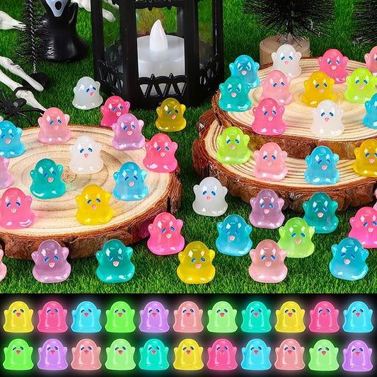 132pcs Halloween Luminous Mini Ghosts Figures 8 Colours Glow in The Dark Miniature Resin Ghost Figurines to Hide Bulk Tiny Small Statue for Halloween Party Favors Micro Garden Dollhouse Decorations