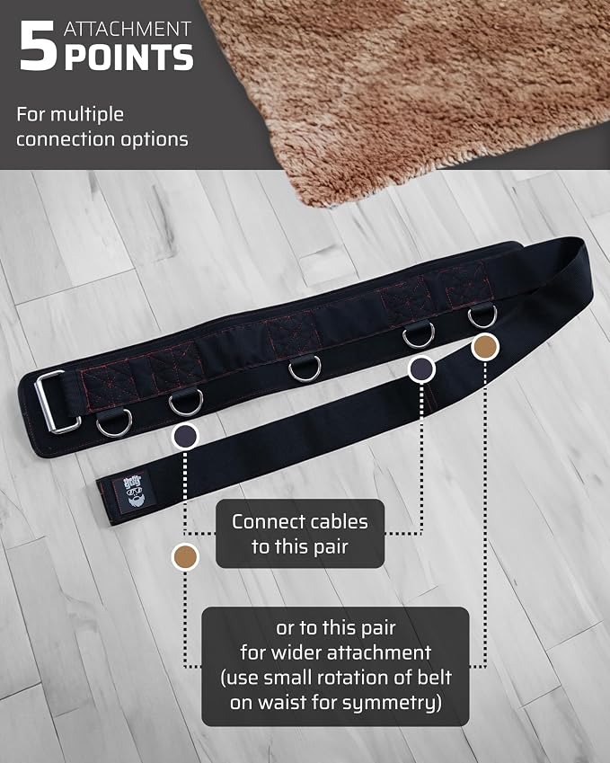 THEFITGUY Original Multi-Attachment Belt for Cable Squats & Hip Thrusts | 5 D-ring points, 2 straps (40in/27in), hook-and-loop closure, fits a 32-52in waist for glute and quad work