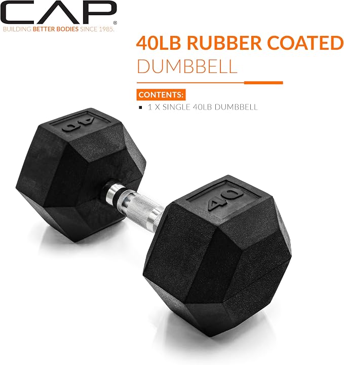 CAP Rubber Coated Dumbbell Weights, Free Weights for Home Gym Strength Training, Anti-Roll Hex Dumbbells with Black, Chrome & Comfort Grip Handles, Singles
