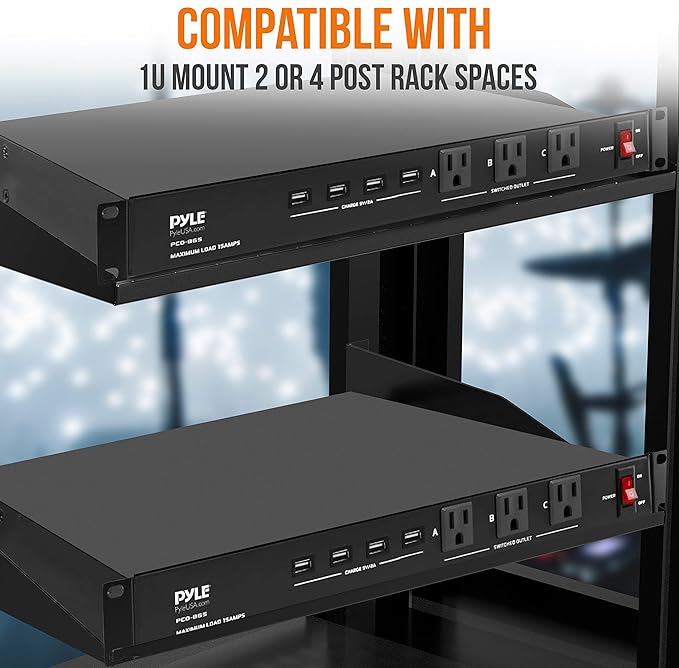 Pyle 19 Outlet 1U 19" Rackmount PDU Power Distribution Supply Center Conditioner Strip Unit Surge Protector 15 Amp Circuit Breaker 4 USB Multi Device Charge Ports 15FT Cord, Black - PCO865 | 15 Amp Circuit Breaker - 4 USB Ports - 15FT Cord - Power Supp...