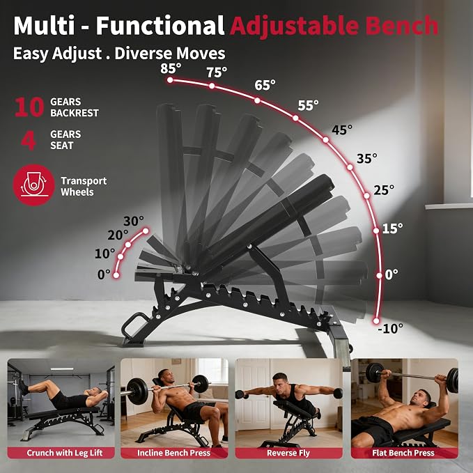 Adjustable Weight Bench, 1200LB Heavy-Duty Capacity Workout Bench with 50mm x70mm Thickened Steel Frame, Adjustment Incline Bench for Home, Gym & Professional Competition,2.1" Thickened Pad, Dual-Track Silent Wheels