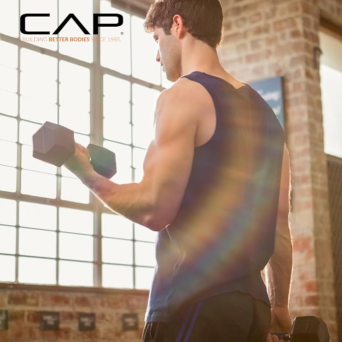 CAP Rubber Coated Dumbbell Weights, Free Weights for Home Gym Strength Training, Anti-Roll Hex Dumbbells with Black, Chrome & Comfort Grip Handles, Pairs & Sets
