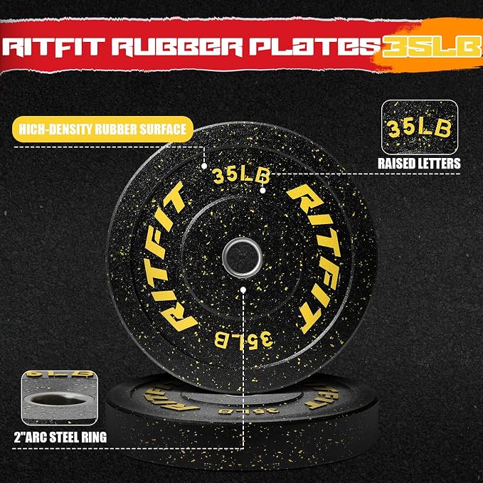RitFit Bumper Plates, Colored Fleck-Rubber Weight Plates with Steel Insert, 2-inch Olympic Weight Plates for Weight Lifting and Strength Training