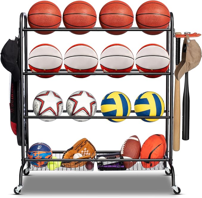 EXTCCT Basketball Rack, Rolling Basketball Shooting Training Stand,Sports Equipment Storage with Wheels, Four-Layer Organizer Holder with Two Basket for Basketballs Footballs Volleyball