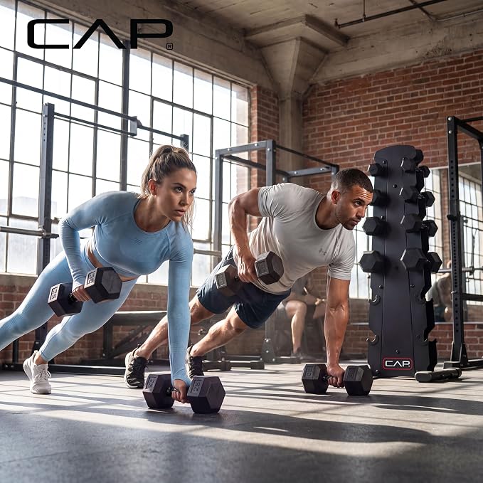 CAP Rubber Coated Hex Dumbbell Set with Storage Rack | 100–210 lb Options, Space-Saving Vertical Compact Storage for Home Gym Strength Training