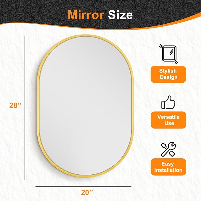 Oval Bathroom Vanity Mirror for Wall, 28''x20'' Gold Oval Bathroom Mirror for Over Sink, Bedroom, Living Room, Entryway, HD Tempered Glass, Wall Mounted Horizontally or Vertically