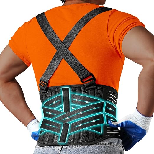 Back Support Belt with 2 Removable Suspender Straps, Back Posture Corrector for Heavy Lifting Safety Protector, Work Back Brace for Men Women in Construction, Warehouse Jobs Large