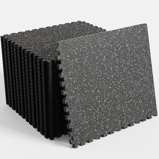 96 Sq Ft Rubber Top Gym Flooring for Home Gym, 24 Tiles High Density EVA Foam Exercise Equipment Mats, 0.4" Interlocking Puzzle Mats for Home Workout & Floor Protection, Black/White