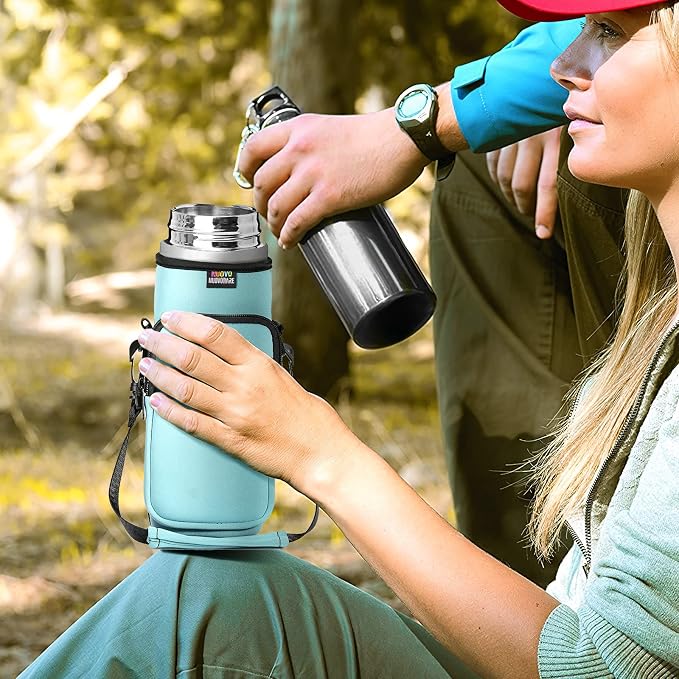 Nuovoware Water Bottle Carrier Bag, 25oz/32oz, Dusty Blue | Adjustable Shoulder Hand Strap, 2 Pocket, Neoprene Sleeve, For Hiking Travelling Camping