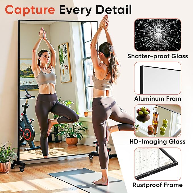 Suidia 82"x44" Extra Large Full Length Mirror on Wheels, 360° Swivel Rolling Mirror Floor, HD Tempered Glass Full Body Standing Mirrors for Home Gym, Yoga, Dance Studio, Bedroom, Rectangular, Black
