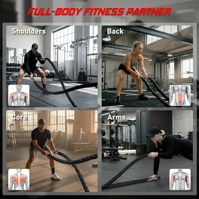 Battle Rope for Home Gym Workout - 1.5 Inch 40ft Heavy Weighted Training Exercise Ropes Fitness Equipment with Sleeve and Anchor Strap Kit for Outdoor Working Out