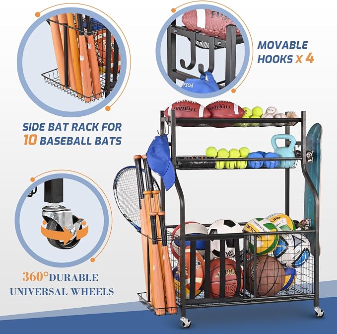 PLKOW Sports Equipment Storage for Garage, Indoor/Outdoor Sports Rack for Garage, Ball Storage Garage Organizer with Basket and Hooks,Toy/Sports Gear Storage