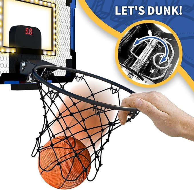 QDRAGON Mini Basketball Hoop with Scoreboard & LED Lighting | Over The Door Indoor, with 3 Balls/Inflator/Breakaway Rim, Basketball Toy Gifts for Kids Adults, Suit for Bedroom/Office