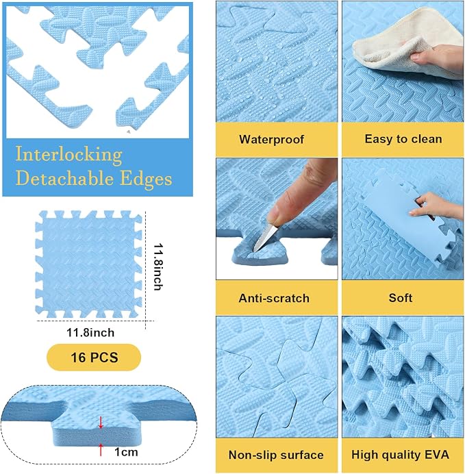 Shihanee Foam Floor Tiles Foam Floor Mats Play Mats Bulk with Borders Interlocking for Bedroom Gym Nursery(11.8 x 11.8 Inch,Blue)