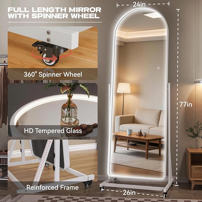77"x26" Arched LED Full Length Rolling Mirror, Swivel | Tempered glass & metal frame, tilting & lockable wheels, 3-color dimmable LED, for bedroom, dressing room, gym & decor.