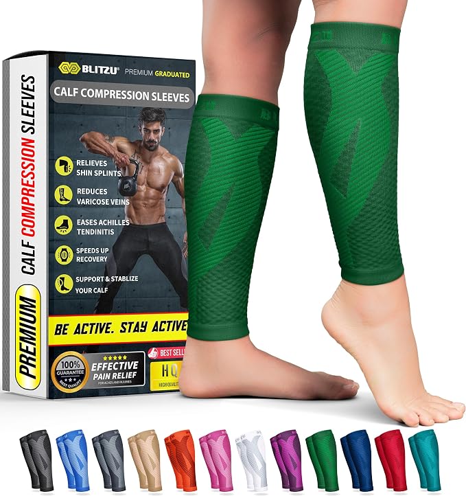 BLITZU Calf Compression Sleeves, Footless Compression Socks for Men & Women | Leg Support Brace, Shin Splint Pain Relief, Reduce Varicose Vein Swelling, Muscle Recovery, Running, Nursing, Fitness, Travel