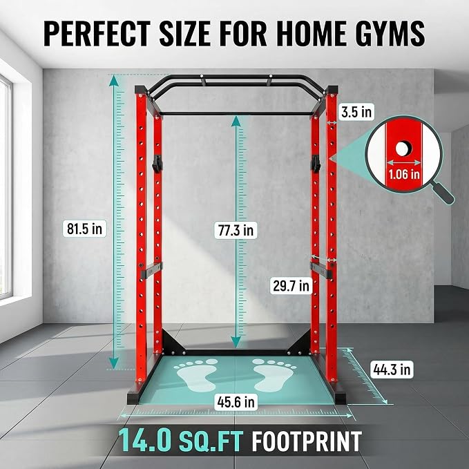 Squat Rack with Protection Arm, 1200 Lbs Capacitys All in One Power Cage, 44.3 x 45.6 x 81.5 Inch, 14.0 sq.ft Footprint Adjustable Fitness Power Gym Cage for Home Gym