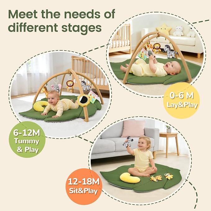 Baby Play Mat, 51.2 x 35.4 in Large Leaf Baby Play Gym for Infants, 1.5 in Thick Tummy Time Mat with 7 Detachable Sensory Toys, Mirror, Crinkle Book & Pillow, Newborn Baby Shower Gift