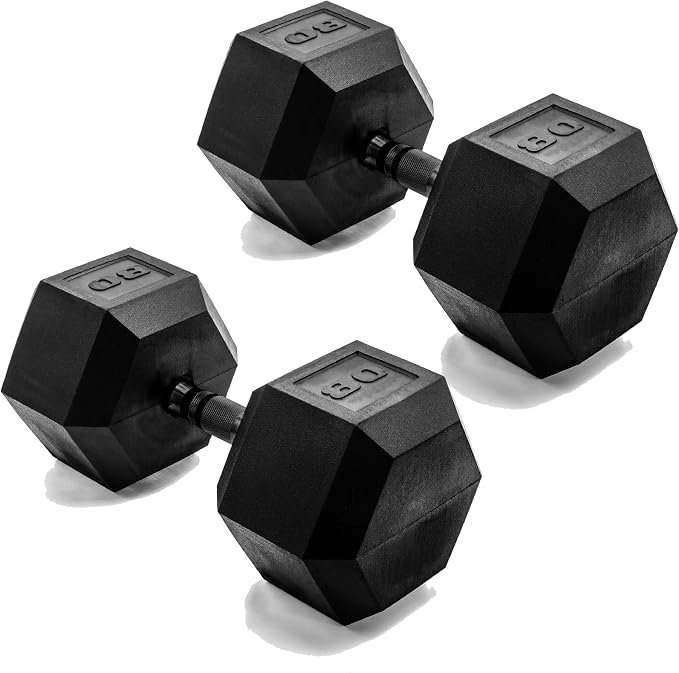 CAP Rubber Coated Dumbbell Weights, Free Weights for Home Gym Strength Training, Anti-Roll Hex Dumbbells with Black, Chrome & Comfort Grip Handles, Pairs & Sets