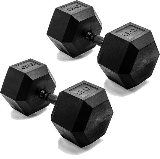 CAP Rubber Coated Dumbbell Weights, Free Weights for Home Gym Strength Training, Anti-Roll Hex Dumbbells with Black, Chrome & Comfort Grip Handles, Pairs & Sets