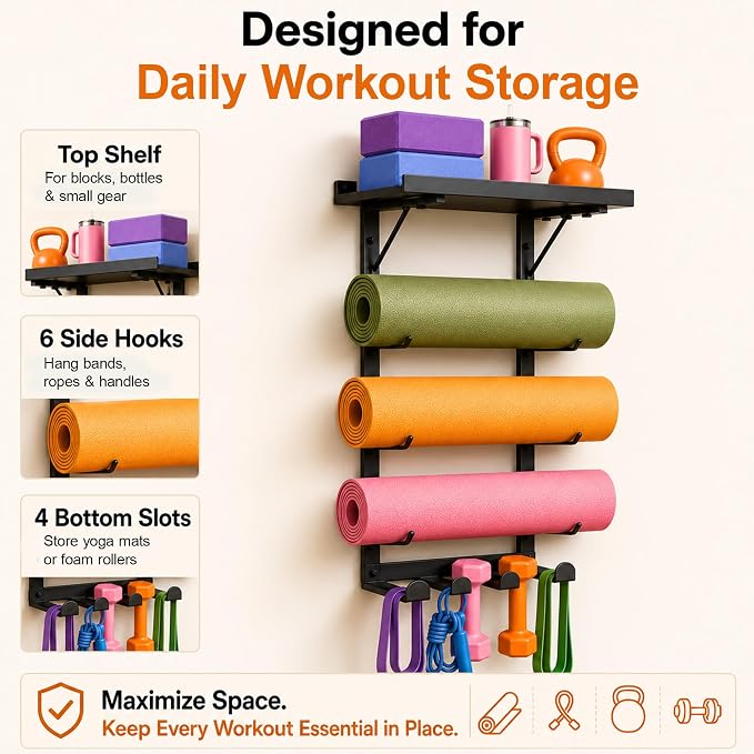 Yoga Mat Holder, Home Gym Storage Rack with Shelf, 6 Hooks and 4 Slots | Durable metal frame holds yoga mats, foam rollers and blocks, creating organized storage for home gyms and workout rooms