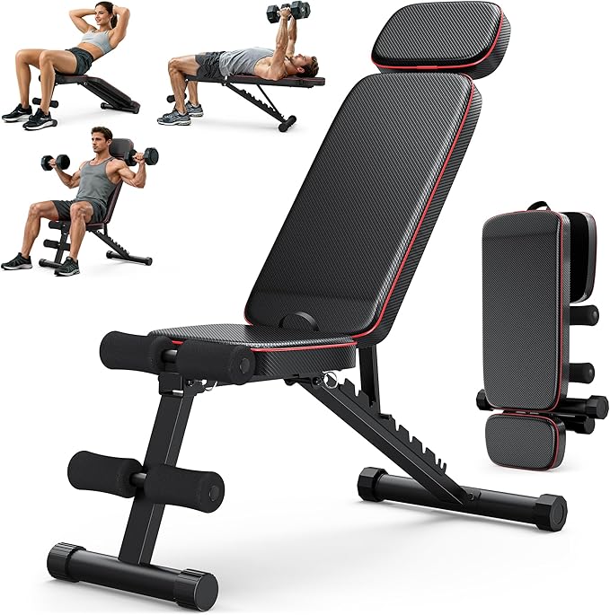 XDDIAS Workout Bench, 10 Backrests Adjustable Weight Bench with Extended Headrest, 800LBS Foldable Weight Bench for Home Gym, Incline Decline Flat Bench Compact for Small Space Training