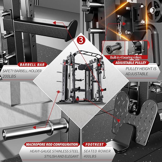 XGSW Smith Machine with Weight Stack, Multi-Function Squat Rack Power Cage with Cable Crossover System, for Home Gym