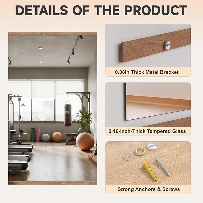 Hasipu 3Pcs 48''x24'' Home Gym Mirror Large Full Length Wall Mounted Full Body Mirror for Yoga Dance Fitness Exercise Studio Bedroom Garage, Frameless Tempered Glass Workout Mirrors Walnut Rectangular