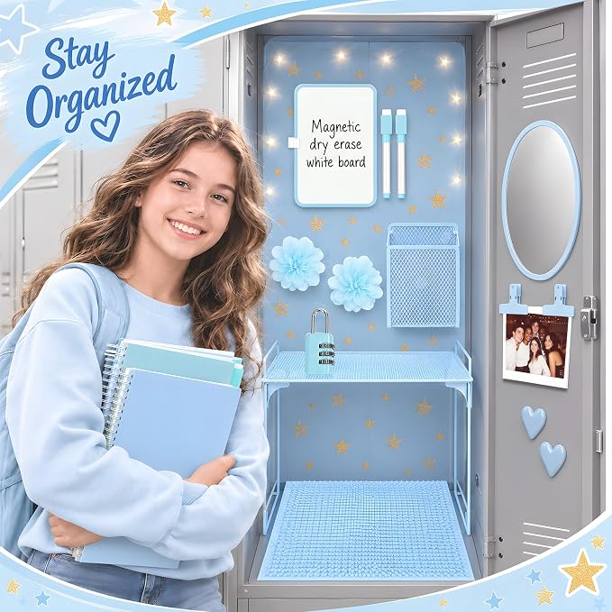 16 PCS Locker Accessories for Girls Magnetic Locker Decoration Kit with Shelf Mirror Whiteboard Pen Holder Rug Wallpaper Lights Lockers Organizer Set for School Dorm Room Office Gym (Blue)